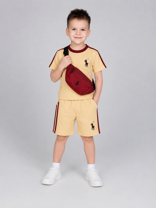 O‘g‘il bolalar yozgi kiyimi, 3 qismli komplekt futbolka shortik va sumka