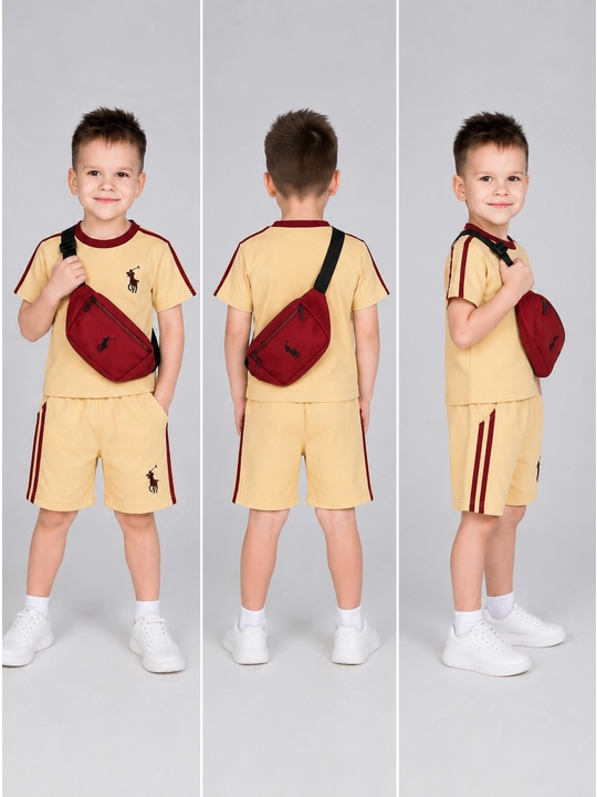 O‘g‘il bolalar yozgi kiyimi, 3 qismli komplekt futbolka shortik va sumka