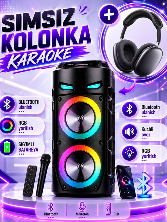 Bluetooth karaoke kolonka, mikrofonli, portativ akustika RGB LED - 
