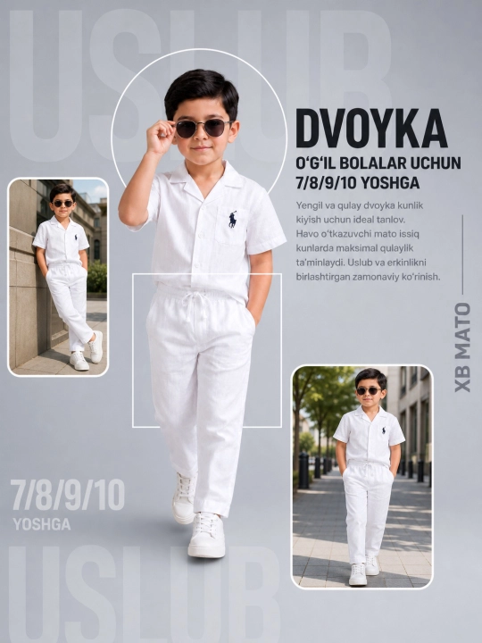 O‘g‘il bolalar uchun oq rangli paxta matoli dvoyka 7/8/9/10 yoshga - 