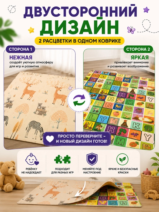 Развивающий детский коврик, складной, для ползания, 180×200, двусторонний, для детей