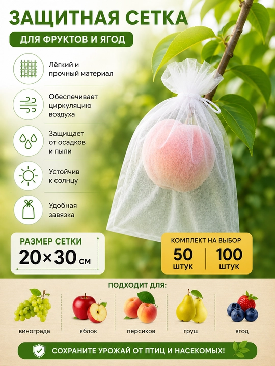 Защитные мешочки-сетки для винограда и фруктов от птиц и насекомых ос, 20х30 см