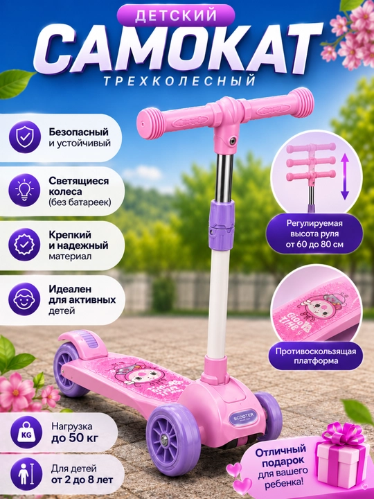 Bolalar uchun uch g‘ildirakli samokat, o‘g‘il va qiz bolalar uchun, 2 yoshdan 8 yoshgacha - 