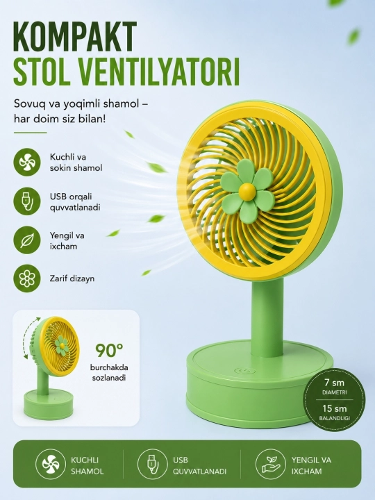Mini ventilyator, ish stoli uchun, USB portativ - 