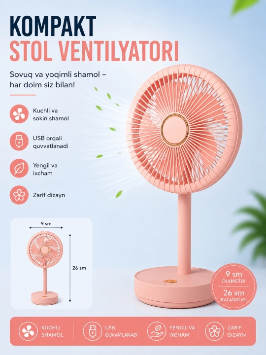 Mini ventilyator, ish stoli uchun, USB portativ - 