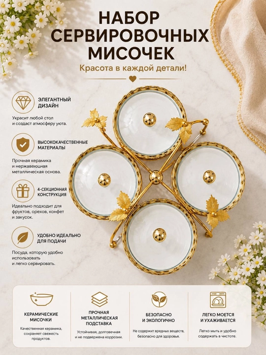 Набор из 4 керамических сервировочных мисочек с крышками на металлической подставке