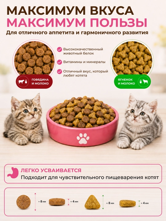 Сухой корм для котят APro I.Q. Formula, говядина+молоко, ягненок+молоко