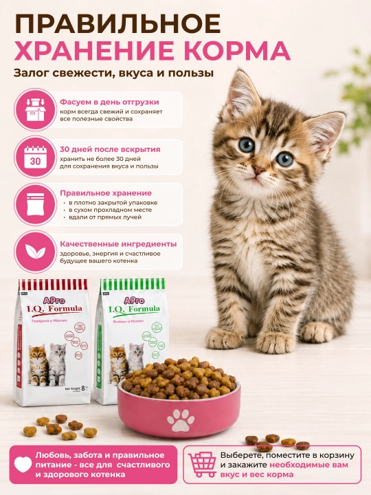 Сухой корм для котят APro I.Q. Formula, говядина+молоко, ягненок+молоко