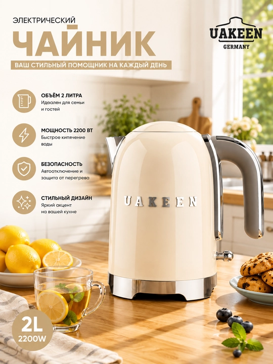 Электрический чайник UAKEEN 2 л 2200 Вт черный с автоотключением - 