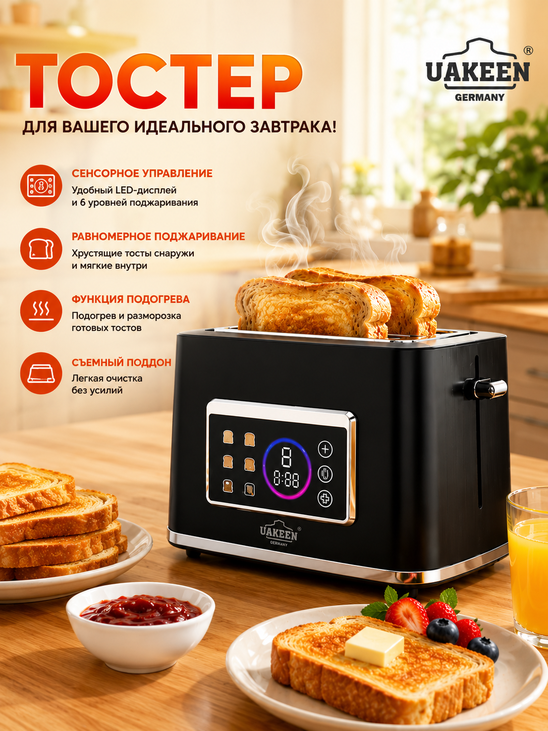 Тостер UAKEEN 1000 Вт сенсорный LED дисплей на 2 ломтика черный - 
