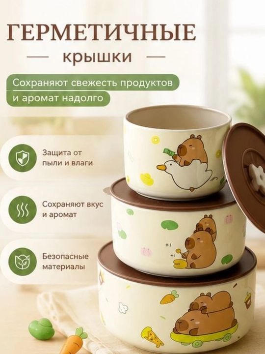 Набор керамических мисок с герметичными крышками, 3 предмета, контейнеры