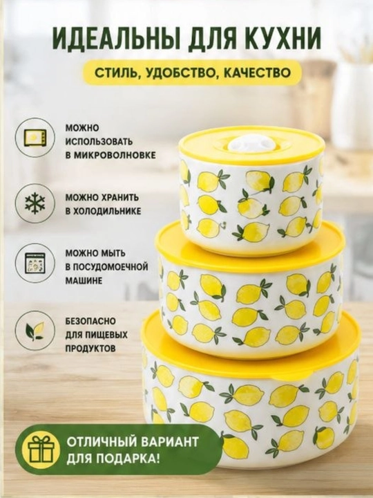 Набор керамических мисок с герметичными крышками, 3 предмета, контейнеры