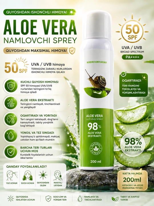 Yuz va tana uchun oqartiruvchi sprey Aloe vera 200 ml