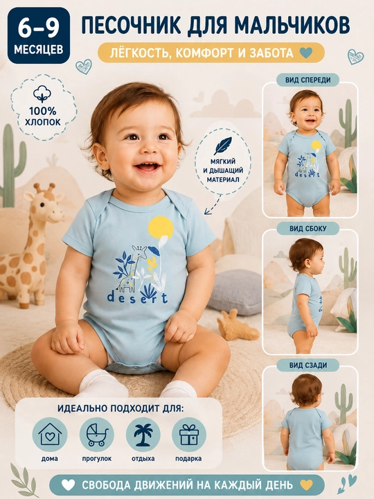 6-9 oylik chaqaloqlar uchun O‘zbebek Classic Desert 100% paxtadan kalta yengli bolalar bodisi - 