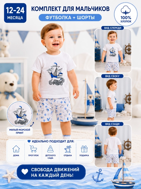 Костюм детский Özbebek Classic Marine футболка и шорты 100% хлопок для мальчиков 12–24 мес - 