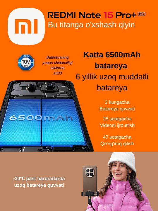 Redmi Note 15 Pro Plus 5G, 6500 мАч, Snapdragon® 7s 4-го поколения, камера 200 Мп, 100 Вт
