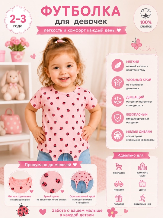 Футболка детская Özbebek Ladybug 100% хлопок с коротким рукавом для девочек 2–3 года - 