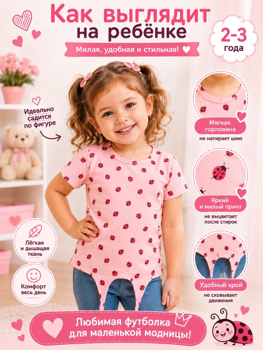 Футболка детская Özbebek Ladybug 100% хлопок с коротким рукавом для девочек 2–3 года