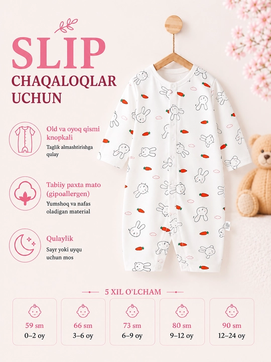 Yangi tug‘ilgan chaqaloqlar uchun yumshoq paxtali tugmali slip kombinezon - 