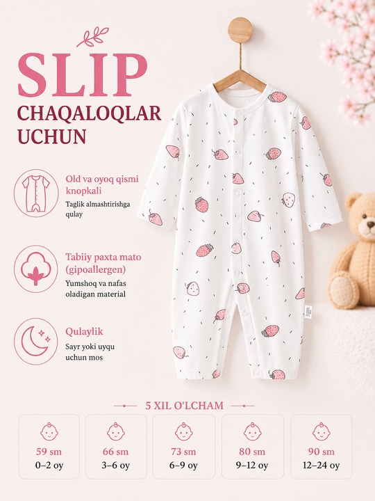 Yangi tug‘ilgan chaqaloqlar uchun yumshoq paxtali tugmali slip kombinezon - 