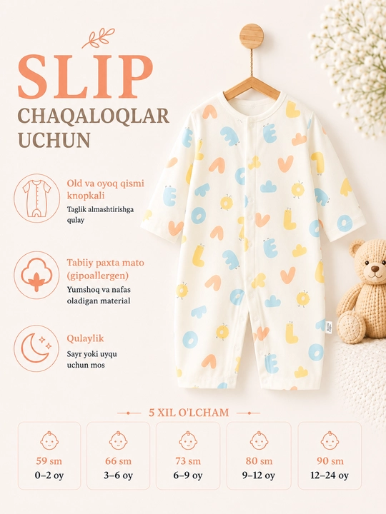 Yangi tug‘ilgan chaqaloqlar uchun yumshoq paxtali tugmali slip kombinezon - 