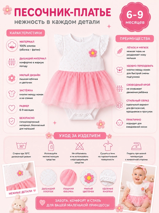 Платье-боди, 3 в 1, Özbebek Princess, 100% хлопок, с фатиновой юбкой, для девочек 6–9 мес