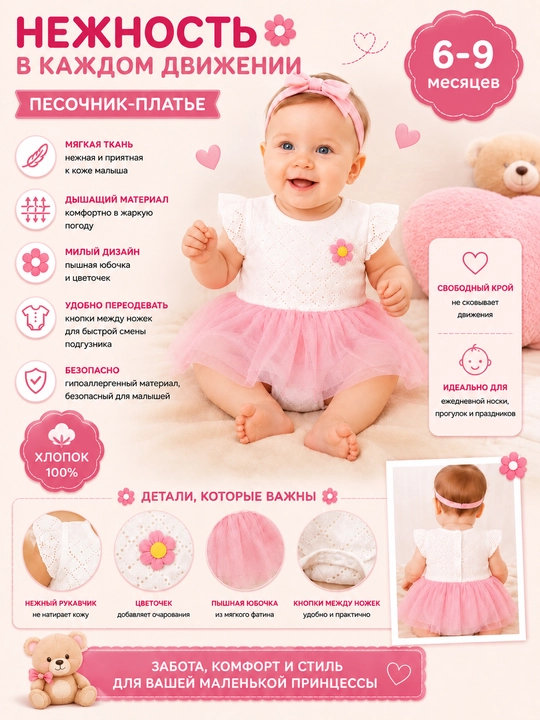 Платье-боди, 3 в 1, Özbebek Princess, 100% хлопок, с фатиновой юбкой, для девочек 6–9 мес