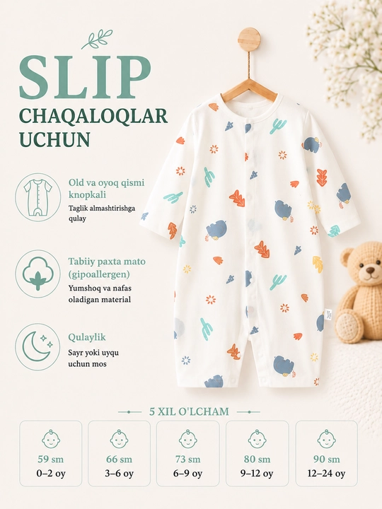Yangi tug‘ilgan chaqaloqlar uchun yumshoq paxtali tugmali slip kombinezon - 