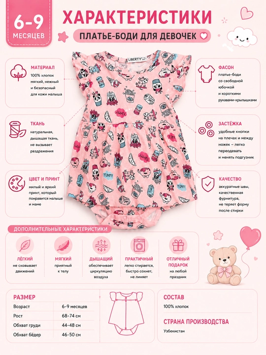 Платье-боди, 3 в 1, Özbebek Princess, 100% хлопок, с фатиновой юбкой, для девочек 6–9 мес