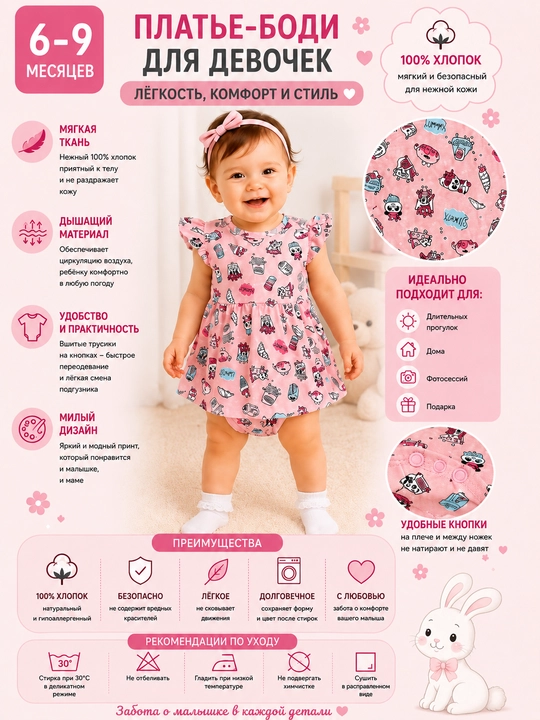 Платье-боди, 3 в 1, Özbebek Princess, 100% хлопок, с фатиновой юбкой, для девочек 6–9 мес
