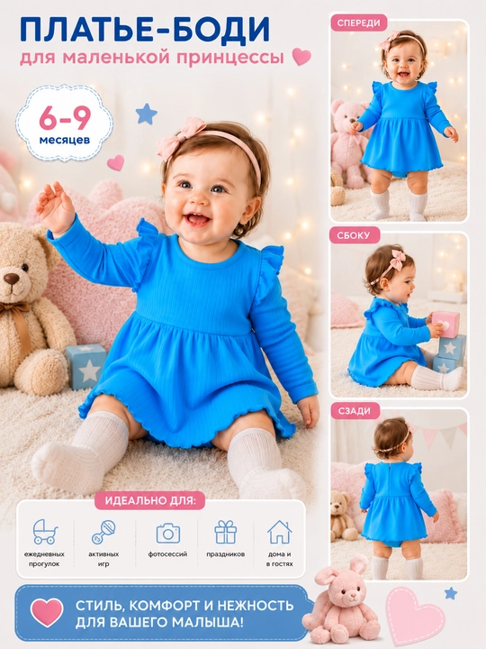 Платье-боди, 3 в 1, Özbebek Princess, 100% хлопок, с фатиновой юбкой, для девочек 6–9 мес
