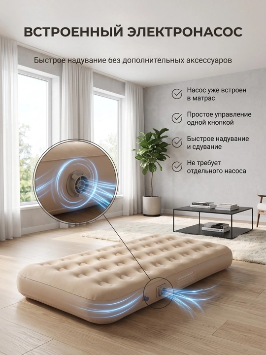 Elektr nasosli damlanadigan matras, yumshoq flok qoplamali