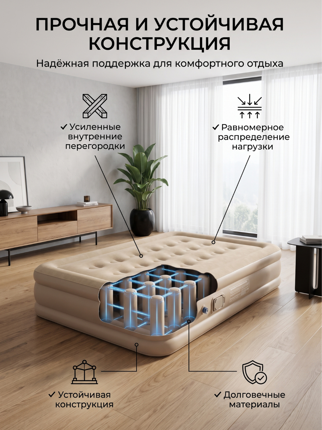 Надувной матрас электрический с встроенным насосом, флокированное покрытие