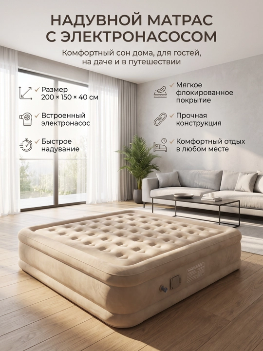 Elektr nasosli damlanadigan matras, yumshoq flok qoplamali - 