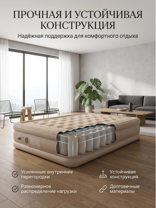 Надувной матрас электрический с встроенным насосом, флокированное покрытие