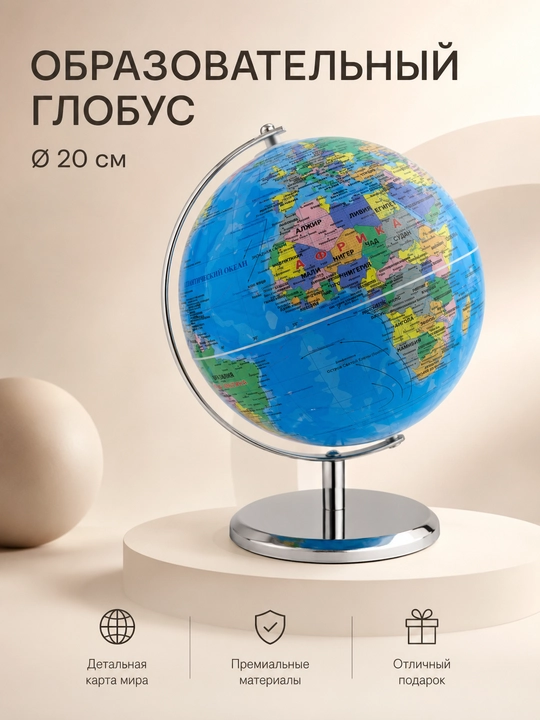 Stol globusi, yoritgichli, ko‘k, siyosiy xarita, rus tilida, 20 sm - 