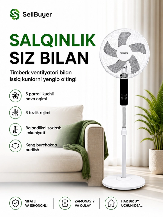 Pol ventilyatori pultli ventilyator, polga o‘rnatiladigan, 7.5 soatlik taymerli ventilyator