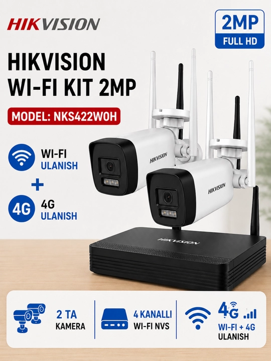 Hikvision Wi-Fi IP kamera to'plami 2 MP, 2 ta kamera + 4 kanalli NVR, Full HD - 