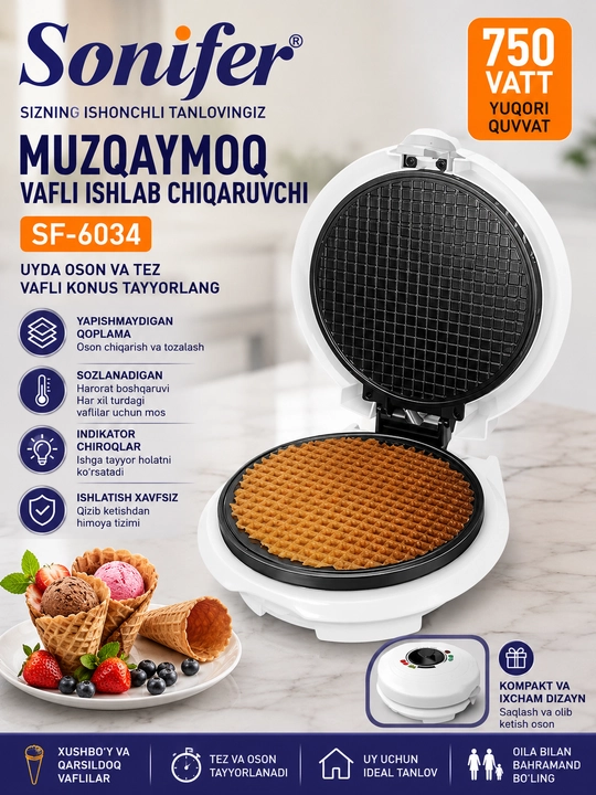 Sonifer SF 6034 Muzqaymoq Konusi Vafli Pishirgich 750W - 