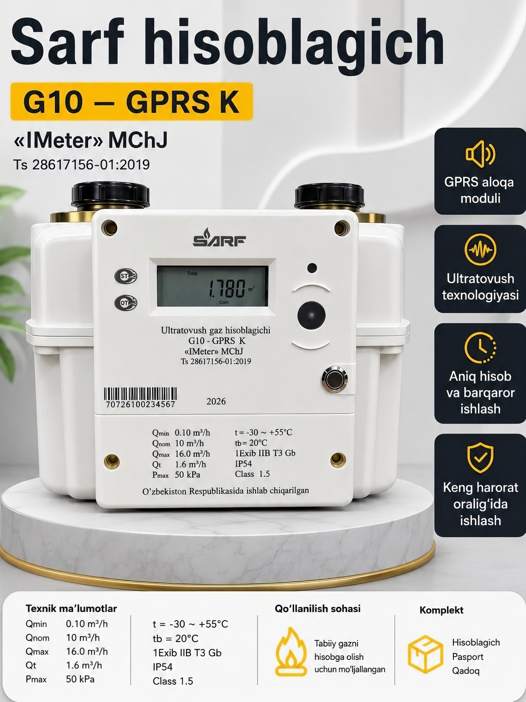 SARF G10 GPRS gaz hisoblagich IP54 ultratovushli aqlli gaz sarfi hisoblagichi - 