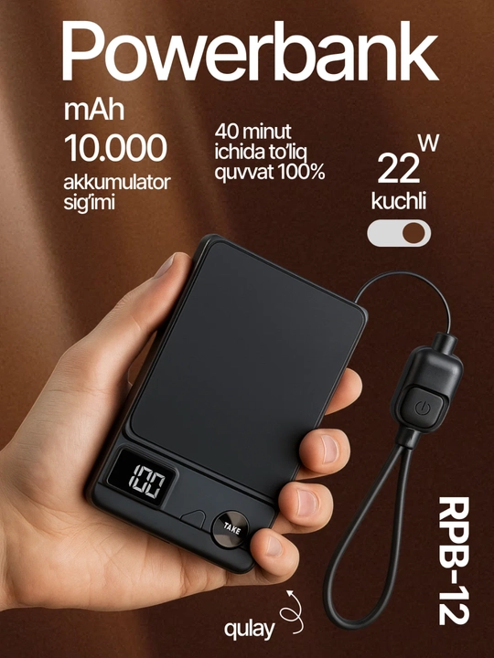 REEX RPB-12 Magnetic Power Bank 10000mAh, 22.5W PD, 15W simsiz zaryadlash