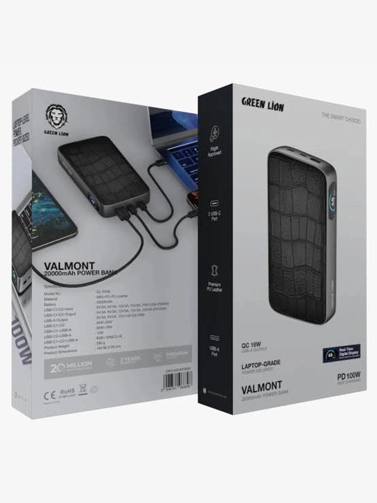 Green Lion Valmont 20000mAh 100W PD Power Bank, USB-C, TFT ekran, tezkor zaryad