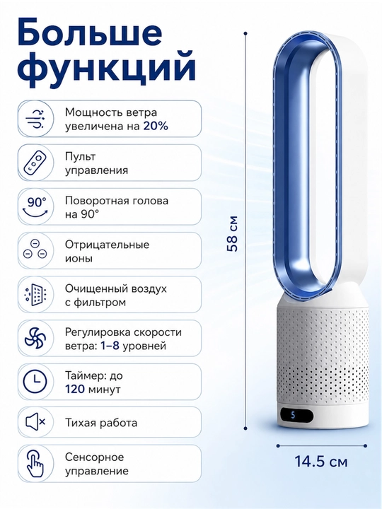 Безлопастной вентилятор White Bear с фильтром, ионизатором и пультом ДУ (8 скоростей) - 