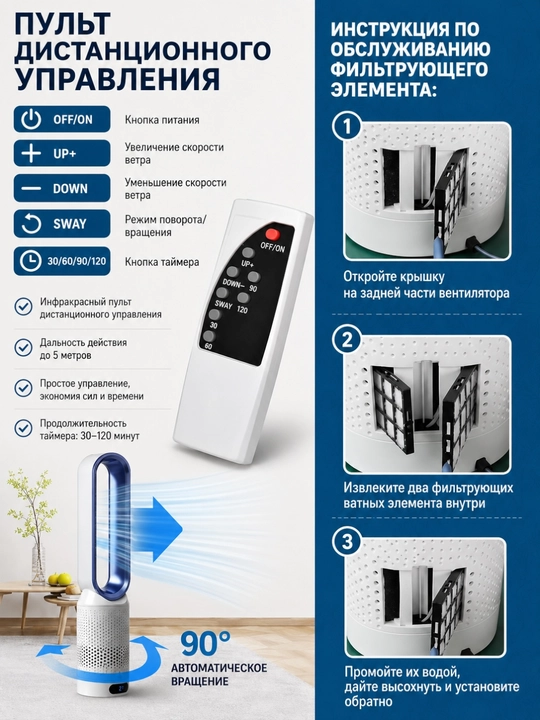 White Bear parraklarsiz ventilyator, havo filtri va ionizator bilan, pultli (8 tezlik)