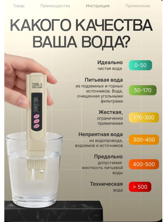 Тестер для воды, измеритель качества воды, TDS метр