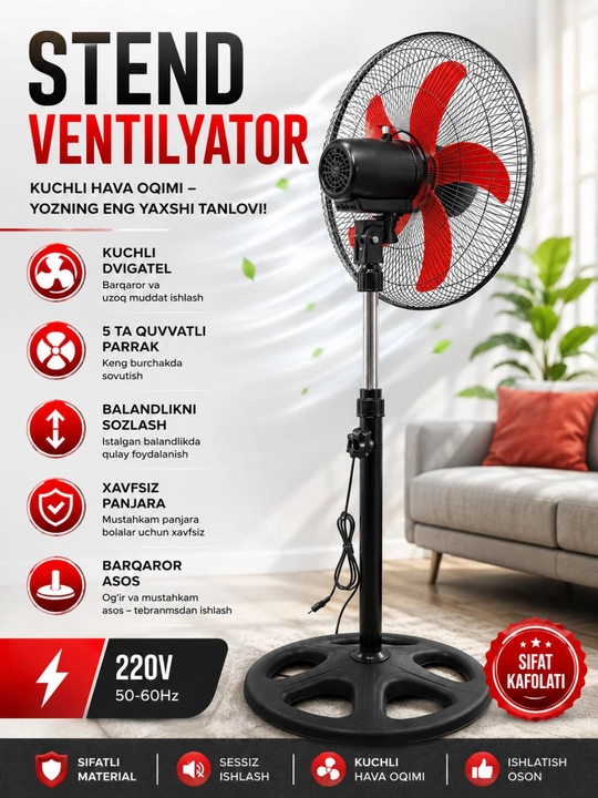 Ventilyator, kuchli pol ventilyatori 3 tezlikli, sovutish bilan jim va kuchli - 