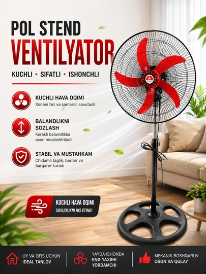 Ventilyator, kuchli pol ventilyatori 3 tezlikli, sovutish bilan jim va kuchli
