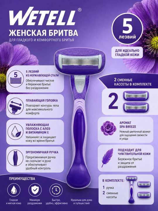 Женская бритва Wetell с сменными кассетами, розовая - 