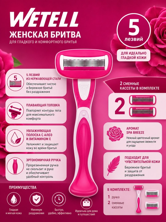 Женская бритва Wetell с сменными кассетами, розовая - 