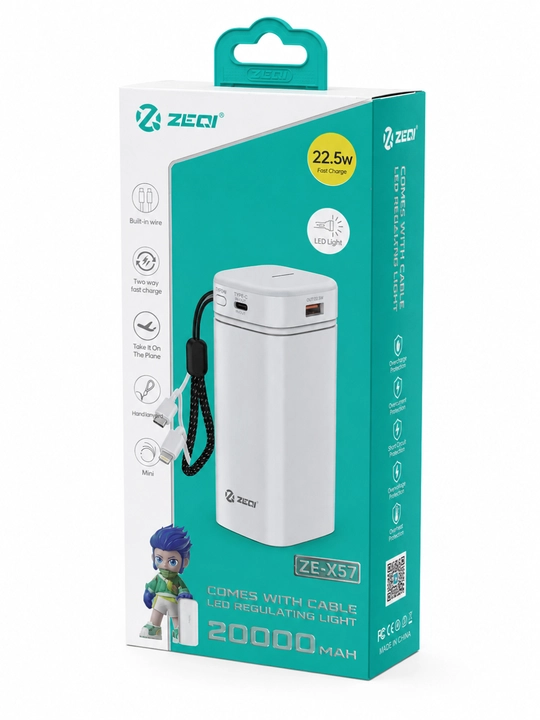ZEQI ZE-X57 Power Bank 20000 mAh 22.5W, ichki kabelli, Type-C, Lightning